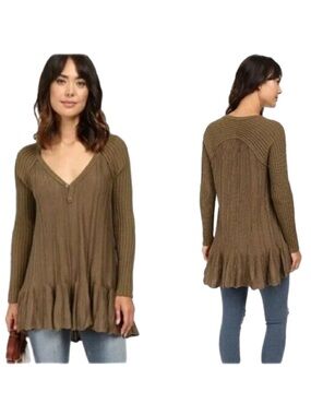 Free People Ribs & Ruffles Tunic Sweater Ribbed Olive Green Size XS Steampunk